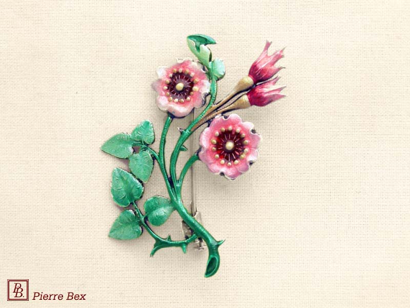 Pierre Bex Art-Nouveau enamel brooch dog rose 48226-07